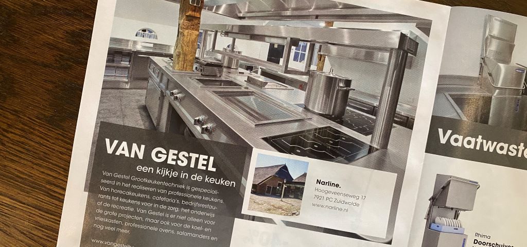 De professionele keuken van Narline was maatwerk. Narline staat in het blad van Van Gestel.