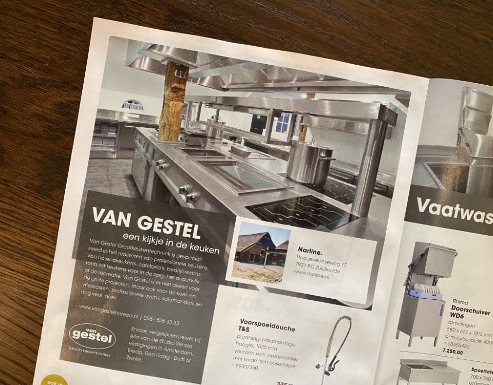 De professionele keuken van Narline was maatwerk. Narline staat in het blad van Van Gestel.